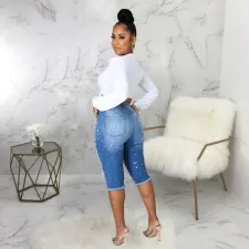 Plus Size Denim Ripped Hole High Waist Half Length Jeans HSF-2515