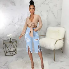 Plus Size Denim Ripped Hole Tassel High Waist Half Length Jeans HSF-2516