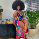 Plus Size Printed Halter High Split Maxi Dress SH-5075