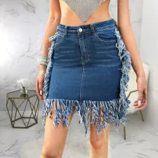 Plus Size Denim Tassel Bodycon Mini Skirt HSF-2556