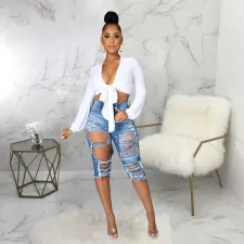 Plus Size Denim Ripped Hole High Waist Half Length Jeans HSF-2515