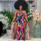 Plus Size Printed Halter High Split Maxi Dress SH-5075