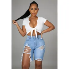 Denim Ripped Hole High Waist Jeans Shorts HSF-2473
