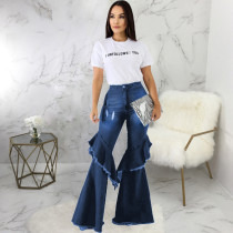 Plus Size Denim Ruffled Flared Jeans HSF-2406