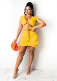 Sexy Solid Lace-Up Ruffled Hollow Mini Dress BS-1272