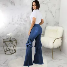 Plus Size Denim Ruffled Flared Jeans HSF-2406