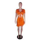 Sexy Solid Lace-Up Ruffled Hollow Mini Dress BS-1272