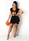 Sexy Solid Lace-Up Ruffled Hollow Mini Dress BS-1272