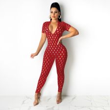 Sexy Hole Short Sleeve Hollow Out Jumpsuit YIBF-6088
