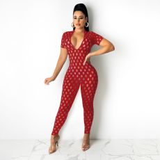 Sexy Hole Short Sleeve Hollow Out Jumpsuit YIBF-6088