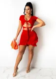 Sexy Solid Lace-Up Ruffled Hollow Mini Dress BS-1272