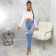 Denim Ripped Hole Skinny Jeans Pencil Pants HSF-2457