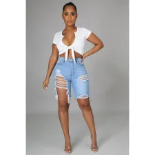 Denim Ripped Hole High Waist Jeans Shorts HSF-2473