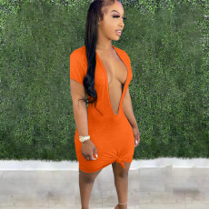 Sexy Solid Deep V Neck Short Sleeve Mini Dress FNN-8616