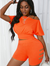 Solid Off Shoulder Hollow Out Two Piece Shorts Set SXF-25118