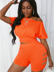 Solid Off Shoulder Hollow Out Two Piece Shorts Set SXF-25118