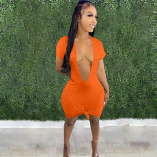 Sexy Solid Deep V Neck Short Sleeve Mini Dress FNN-8616