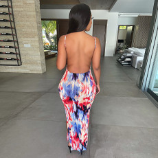 Sexy Printed Split Spaghetti Strap Backless Long Dress GLF-10001