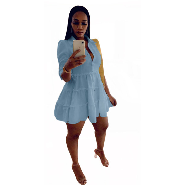 Plus Size Solid High Waist Long Sleeve Ruffled Mini Dress OMY-0022