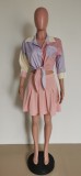 Striped 3/4 Sleeves Shirt Top+Pleated Mini Skirt 2 Piece Sets HMS-5485
