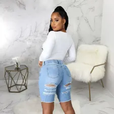 Plus Size Fashion High Waist Frayed Denim Shorts HSF-2439