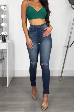 Fashion All-match High Waist Hole Tight Denim Pants HSF-2451