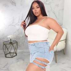 Fashion Plus Size Straight Washed Denim Shorts HSF-2469
