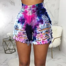 Fashion Sexy Ripped Tie-dye Denim Shorts HSF-2428
