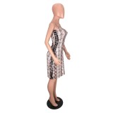 Snake Skin Print Lace-Up Bodycon Midi Dress BDF-6006