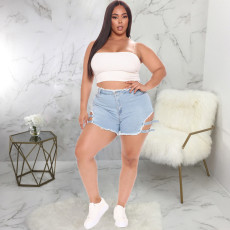 Fashion Plus Size Straight Washed Denim Shorts HSF-2469