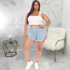 Fashion Plus Size Straight Washed Denim Shorts HSF-2469