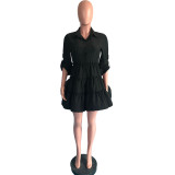 Plus Size Solid High Waist Long Sleeve Ruffled Mini Dress OMY-0022