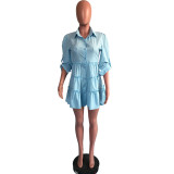 Plus Size Solid High Waist Long Sleeve Ruffled Mini Dress OMY-0022