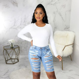 Plus Size Fashion High Waist Frayed Denim Shorts HSF-2439