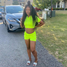Casual Solid Hooded Zipper Short Sleeve 2 Piece Sets WSYF-5881