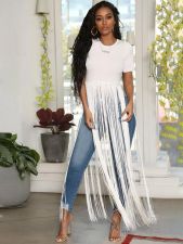 Casual Solid Tassel Short Sleeve O Neck T Shirt OLYF-6064