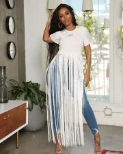 Casual Solid Tassel Short Sleeve O Neck T Shirt OLYF-6064