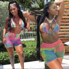 Tie-Dye Grid Hollow Out Bikinis 3 Piece Sets AL-255