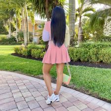 Striped 3/4 Sleeves Shirt Top+Pleated Mini Skirt 2 Piece Sets HMS-5485