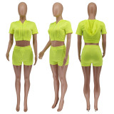 Casual Solid Hooded Zipper Short Sleeve 2 Piece Sets WSYF-5881