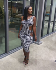 Sexy Printed One Shoulder Hollow Out Midi Dress QZX-6218
