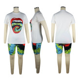 Plus Size Printed T Shirt Shorts Two Piece Suit TE-4031