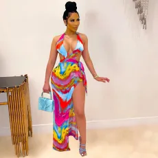 Sexy Tie-Dye Halter Hollow Split Long Dress QSF-51017