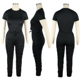 Solid Short Sleeve Ruched Pants Two Piece Sets TE-4001