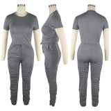 Solid Short Sleeve Ruched Pants Two Piece Sets TE-4001