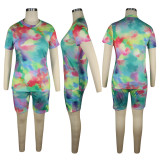 Plus Size Tie Dye Print Two Piece Shorts Set TE-3982