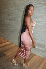 Sexy Halter Backless Ruched Midi Dress YH-5230