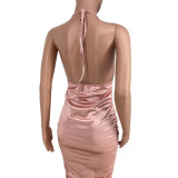 Sexy Halter Backless Ruched Midi Dress YH-5230