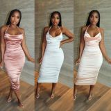Sexy Halter Backless Ruched Midi Dress YH-5230