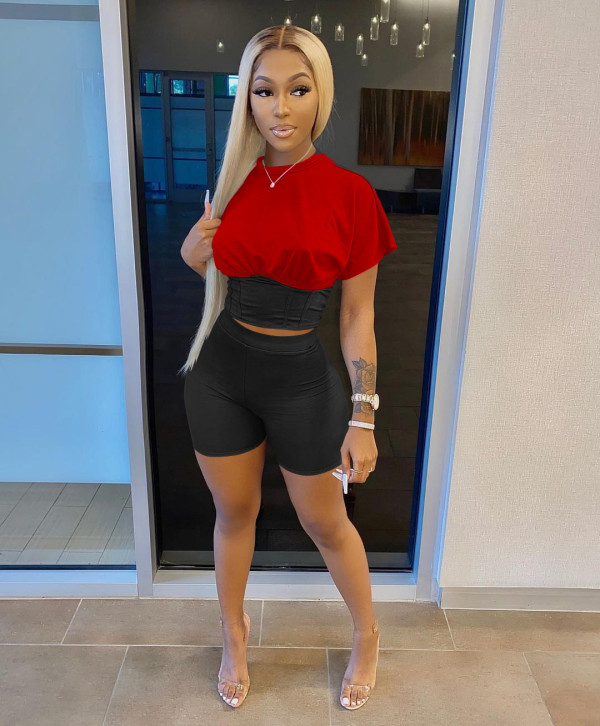 Sexy Patchwork Slim-Waist Top And Shorts 2 Piece Suits WSM-5259